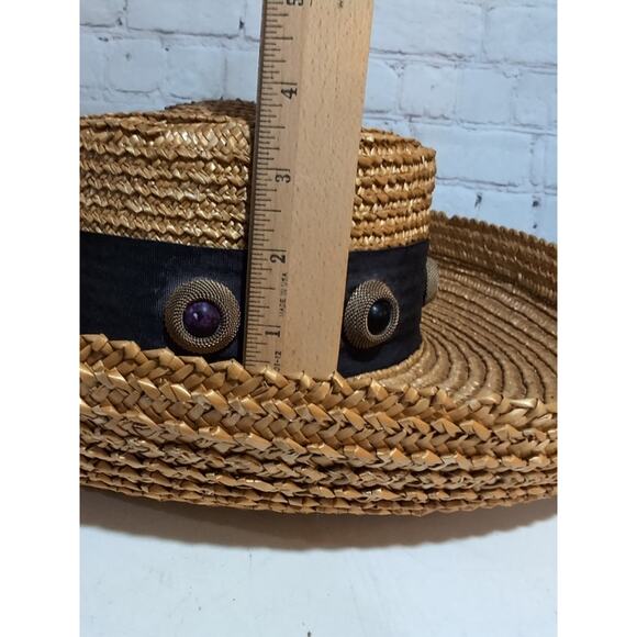 VTG LUXURY Eric Javits Tan Straw Hat with Black Band - small head only main image 13